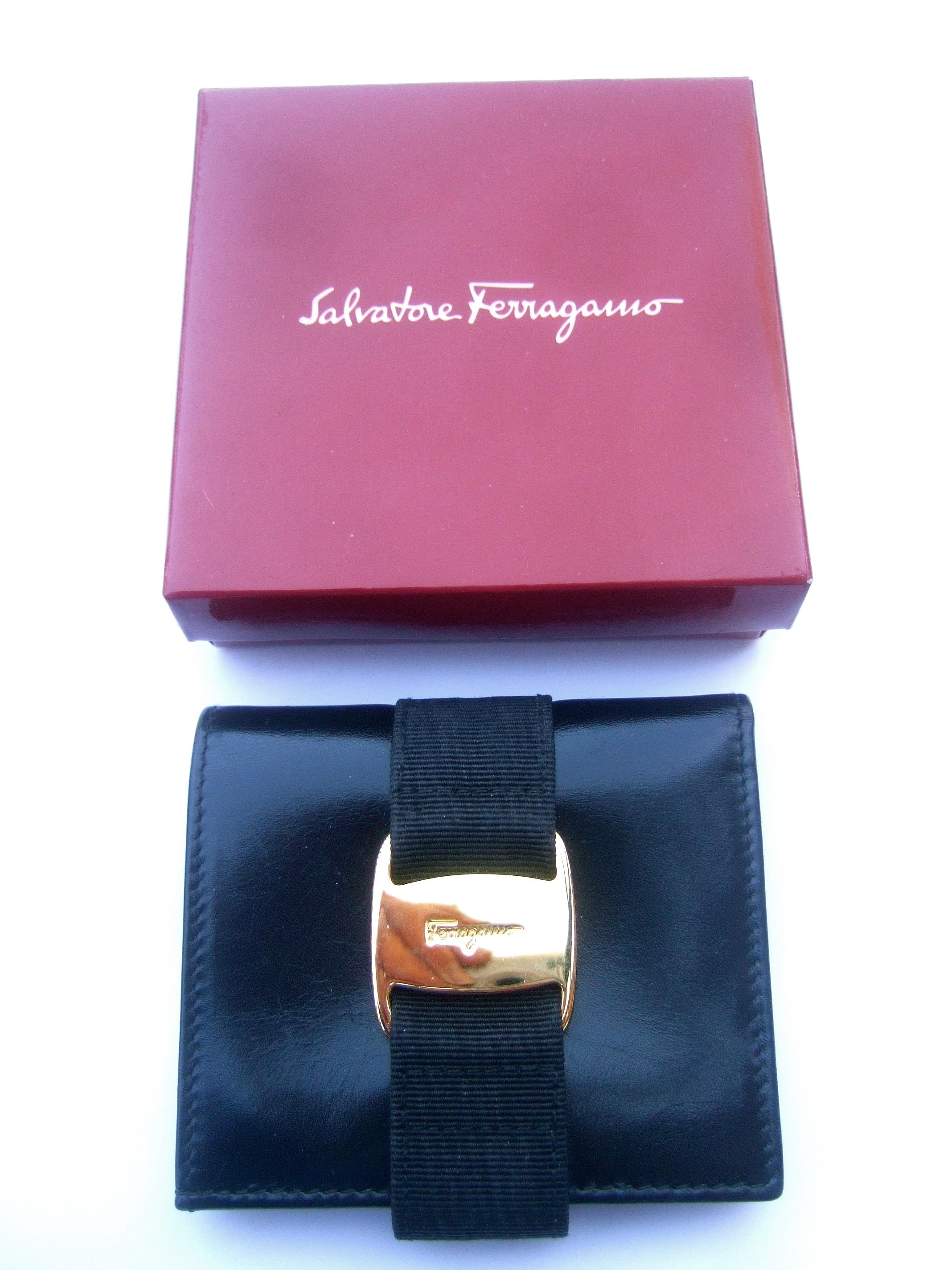 Salvatore Ferragamo Italy Black Leather Ribbon Trim Wallet in Box c 1990s 2