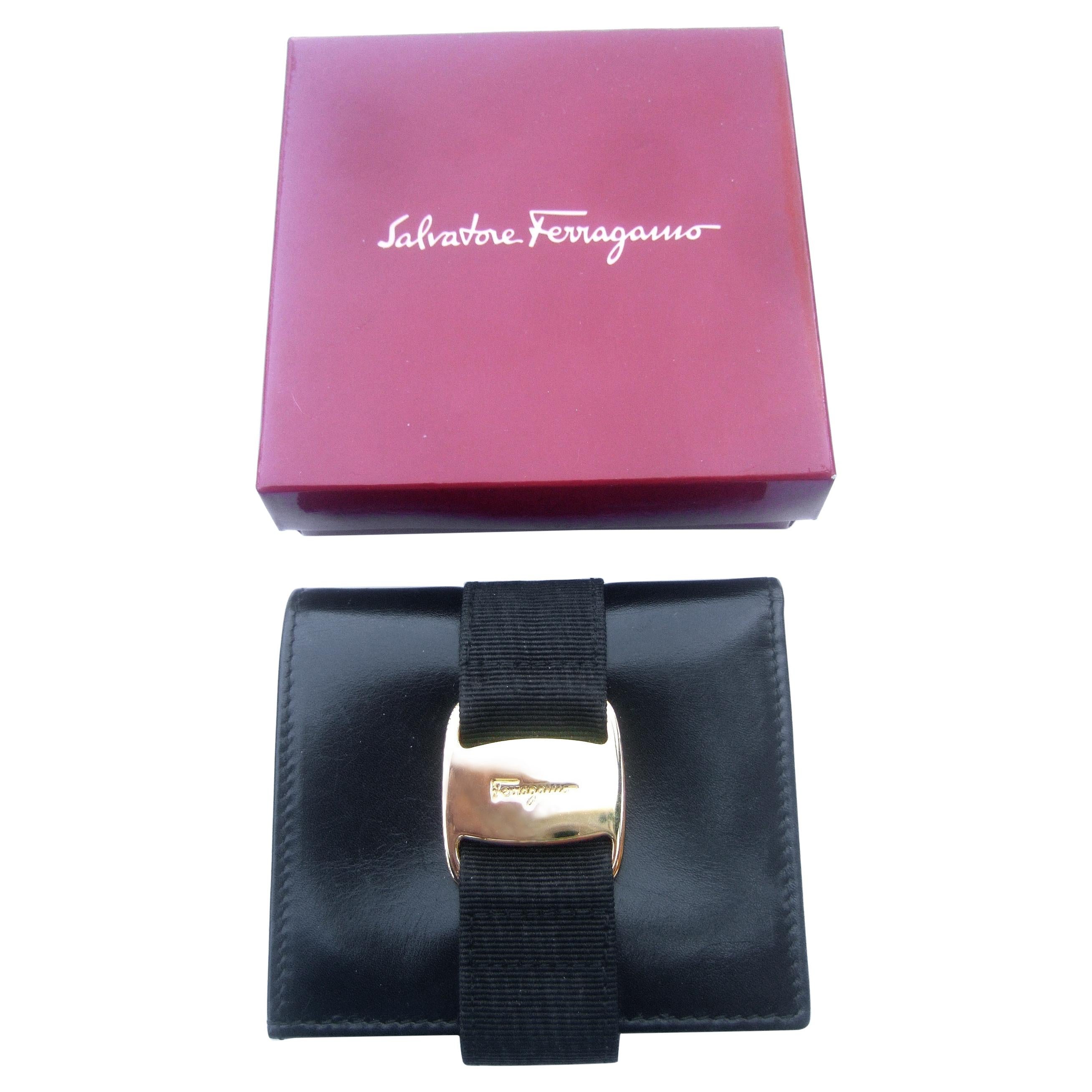 Salvatore Ferragamo Italy Black Leather Ribbon Trim Wallet in Box c 1990s