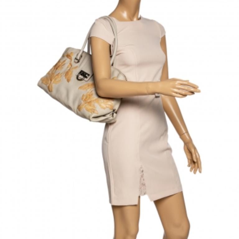 Salvatore Ferragamo Ivory Embroidered Leather Sofia Satchel For Sale 6