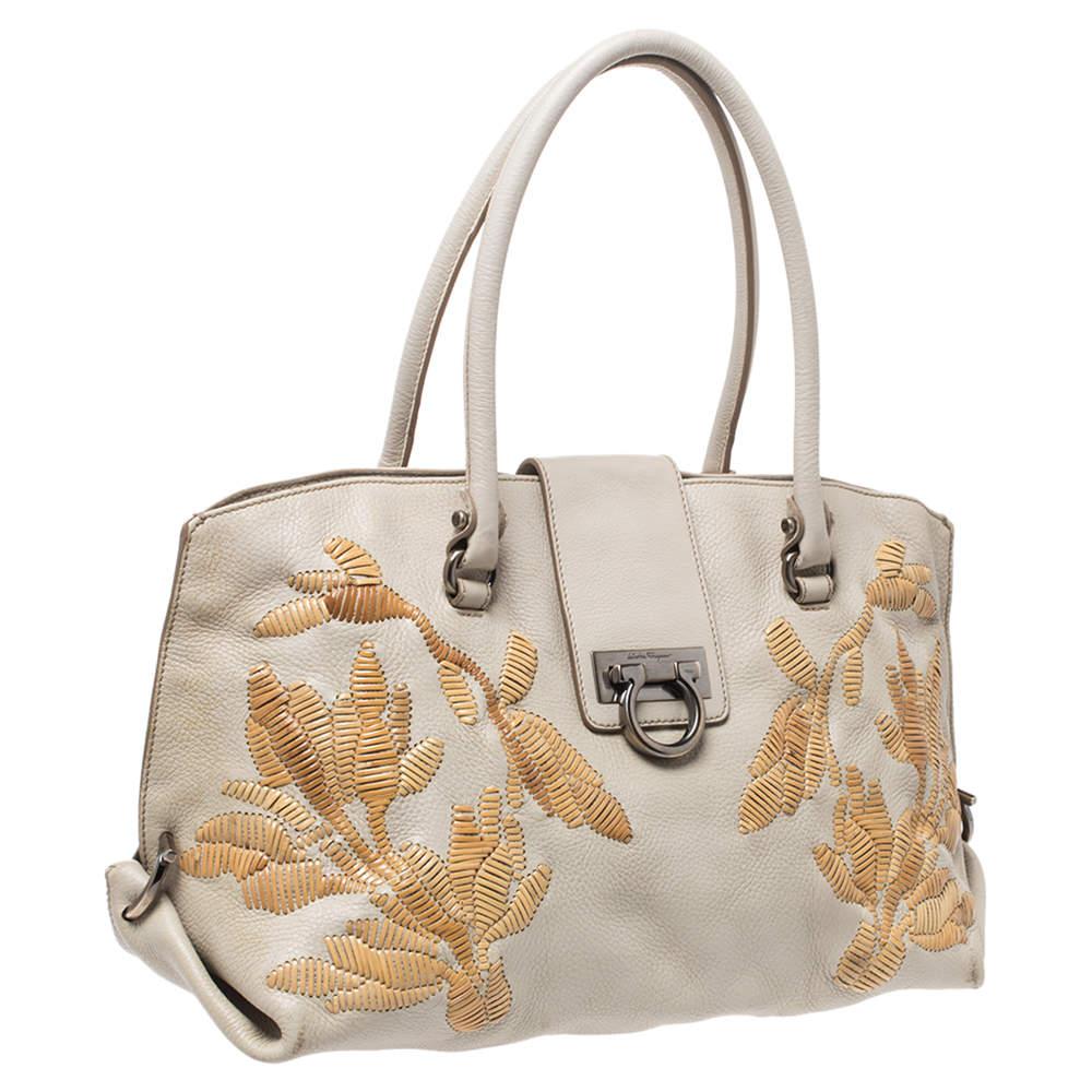 Beige Salvatore Ferragamo Ivory Embroidered Leather Sofia Satchel