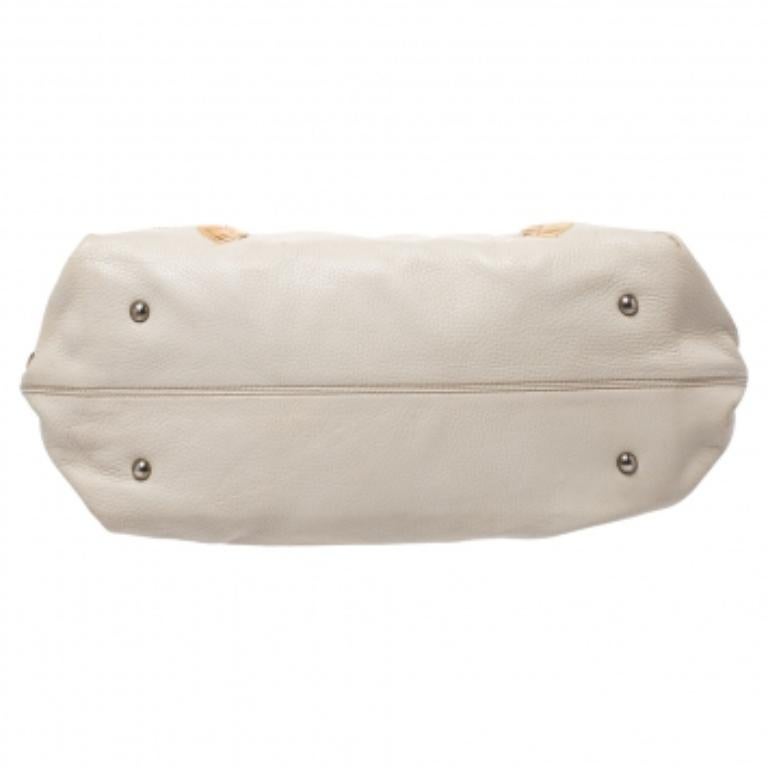Beige Salvatore Ferragamo Ivory Embroidered Leather Sofia Satchel For Sale