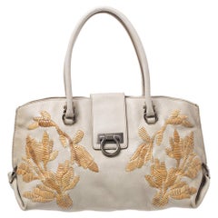 Salvatore Ferragamo Ivory Embroidered Leather Sofia Satchel