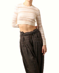 Salvatore Ferragamo ivory white ribbed cut out sheer cropped crop top sweater