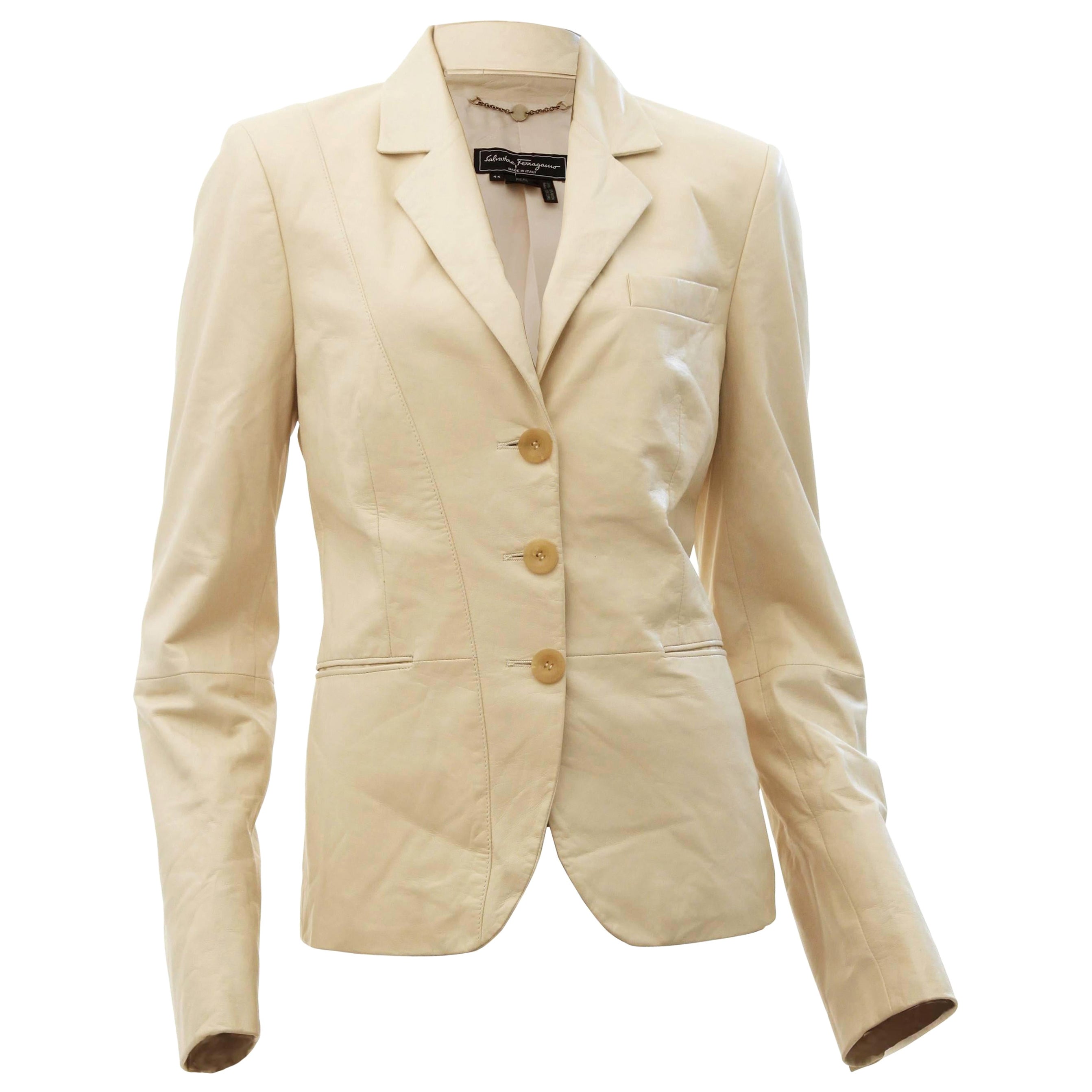 Salvatore Ferragamo Jacket Soft Leather Vanilla Cream Blazer Size 44 Italy For Sale