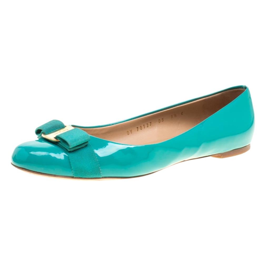 Salvatore Ferragamo Jade Green Patent Leather Varina Ballet Flats Size
