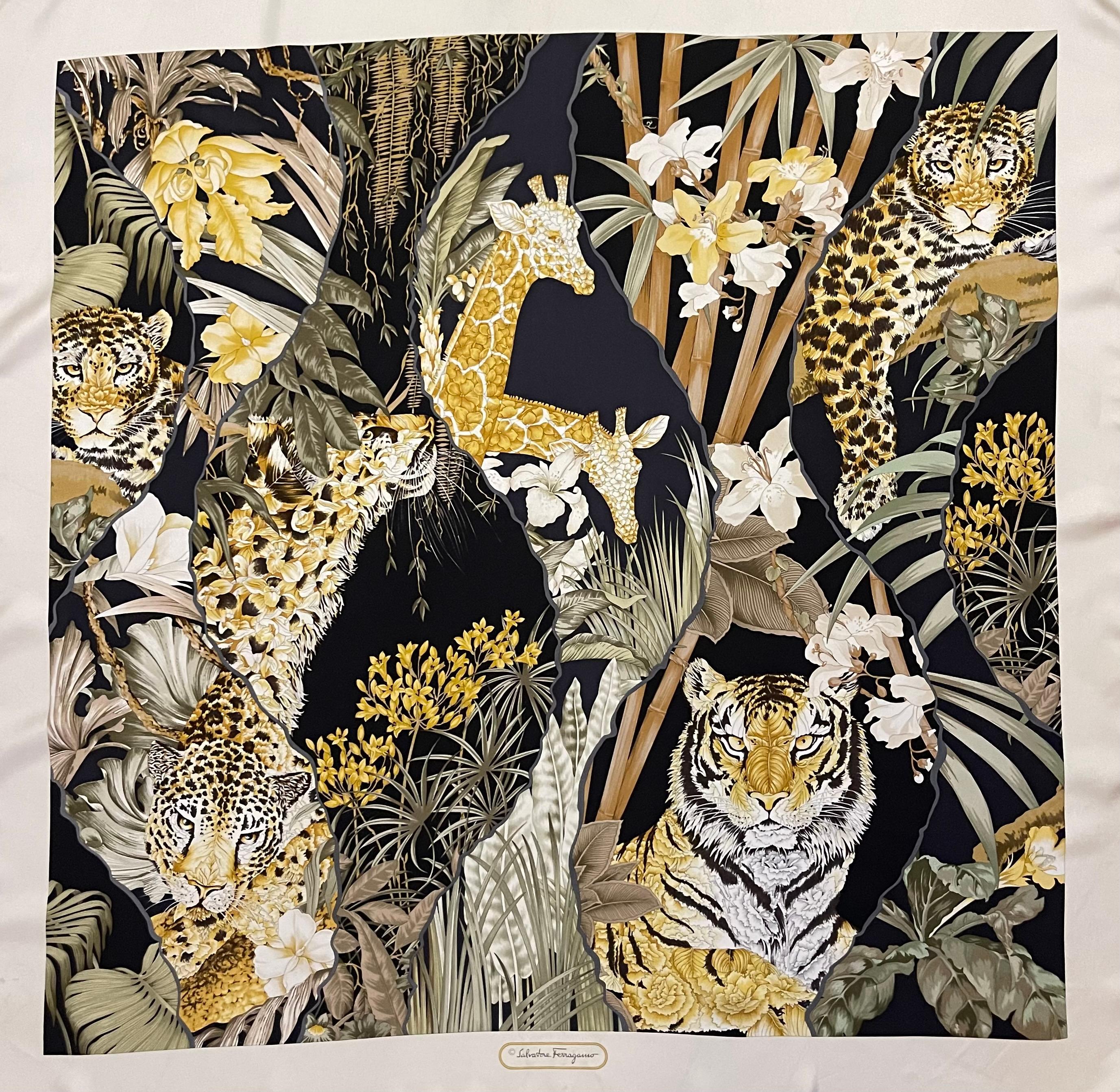 Pañuelo de seda Salvatore Ferragamo Jungla. Este precioso pañuelo es una representación perfecta de la fascinación de la marca por la jungla y todo lo que la rodea. Su diseño único la convierte en una pieza muy buscada entre los coleccionistas. 
En