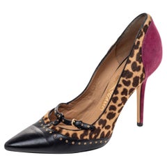 Salvatore Ferragamo Leather And Leopard Pony Hair Lienna Studded Pumps Size 37.5