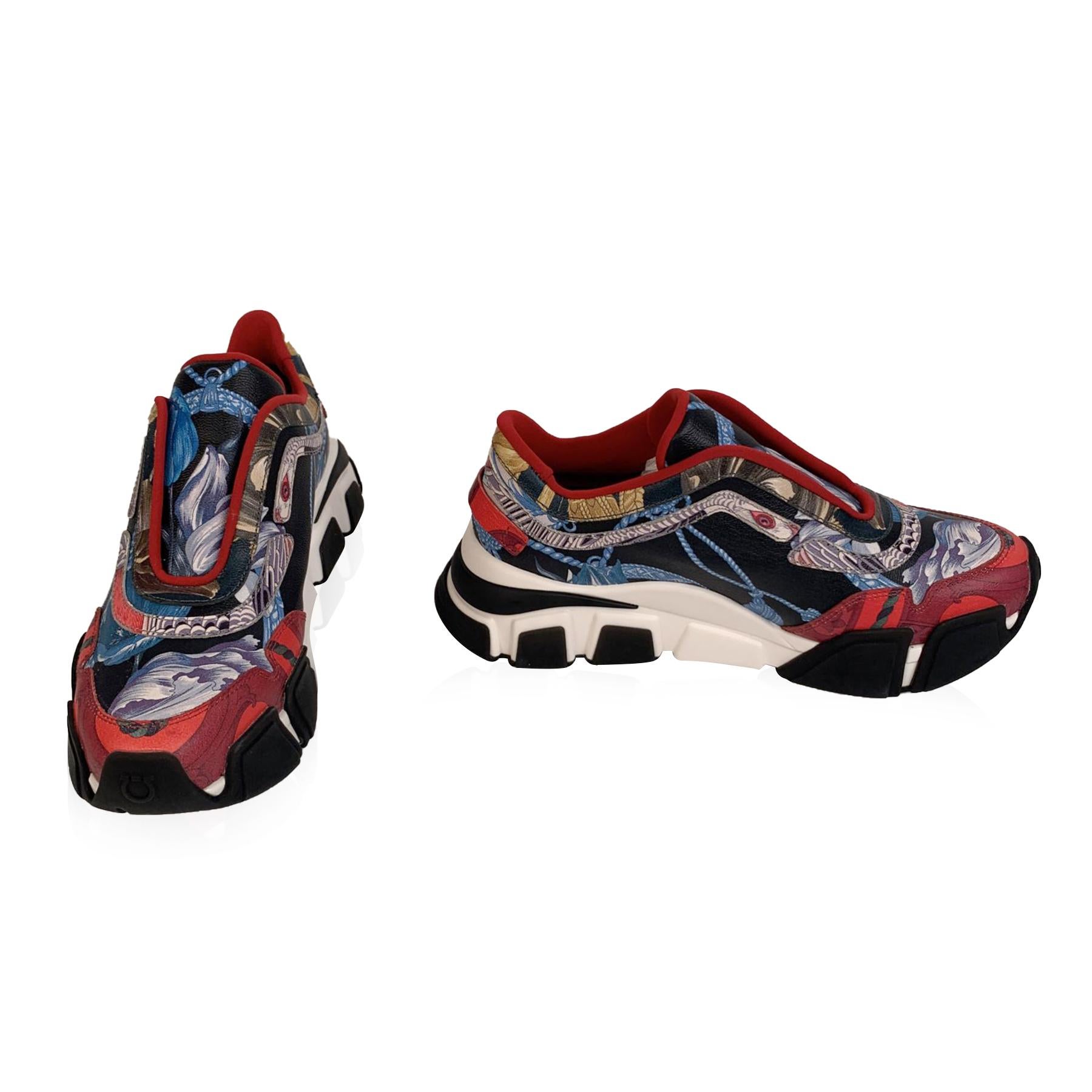 Beautiful Salvatore Ferragamo ' Gatteo ST' Sneakers. They feature a slip-on style, chunky design and a multicolored leather upper.Rubber sole. Made in Italy. Size: US 7.5 C - EU 38 (The size shown for this item is the size indicated by the designer
