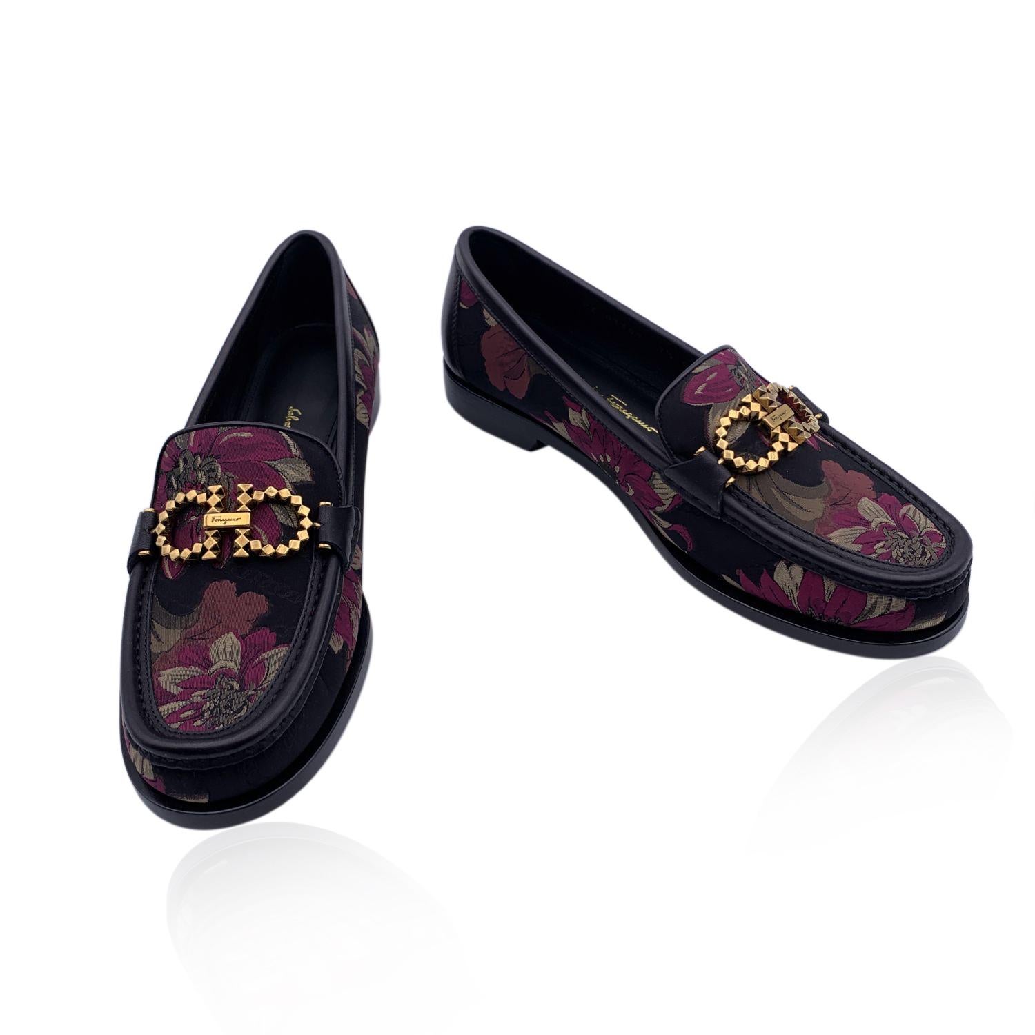 Beautiful Salvatore Ferragamo 'Rolo T' Moccassins Loafers Shoes. Crafted in leather with floral fabric upper. They feature a round toe, gold metal Gancini detailing on the toes and slip-on design. Leather sole. Padded insole. Heels height: 1cm. Made