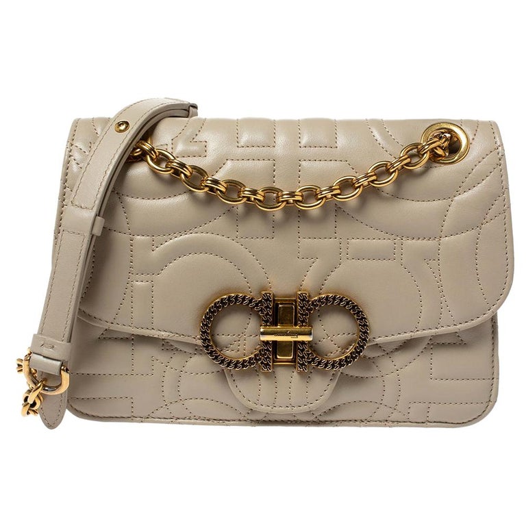 Salvatore Ferragamo Light Beige Leather Quilted Gancini Flap Shoulder