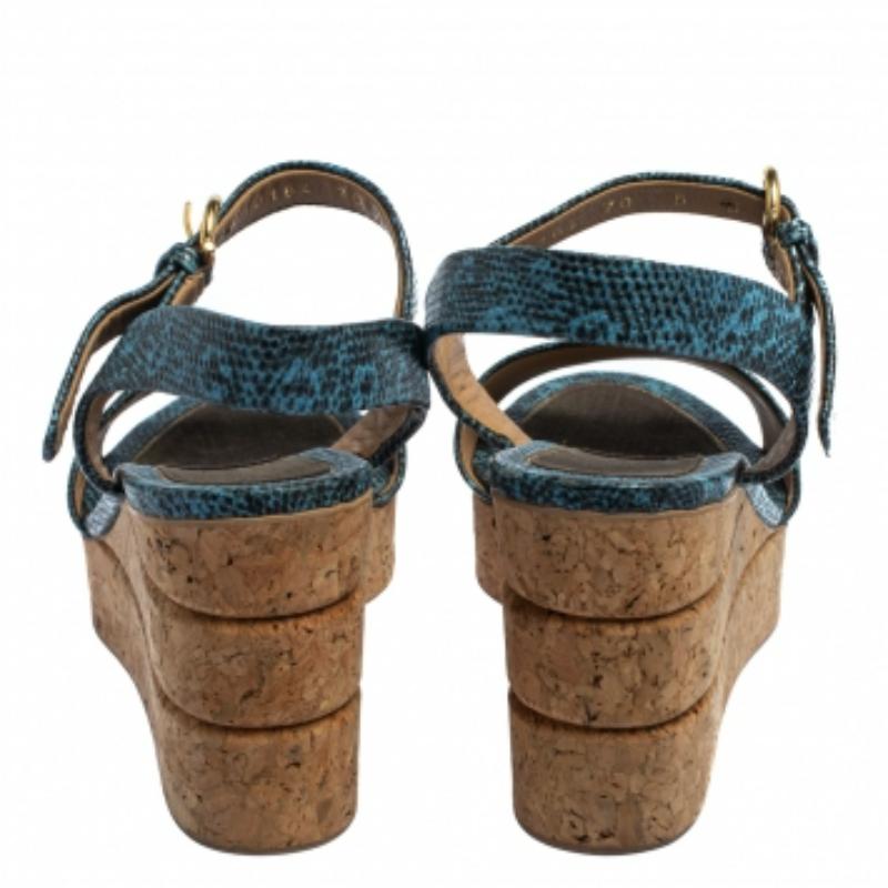Gray Salvatore Ferragamo Lizard Embossed Leather Madea Cork Wedge Sandals Size 35.5 For Sale
