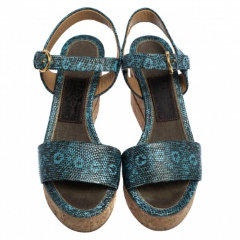 Women's Salvatore Ferragamo Lizard Embossed Leather Madea Cork Wedge Sandals Size 35.5 For Sale