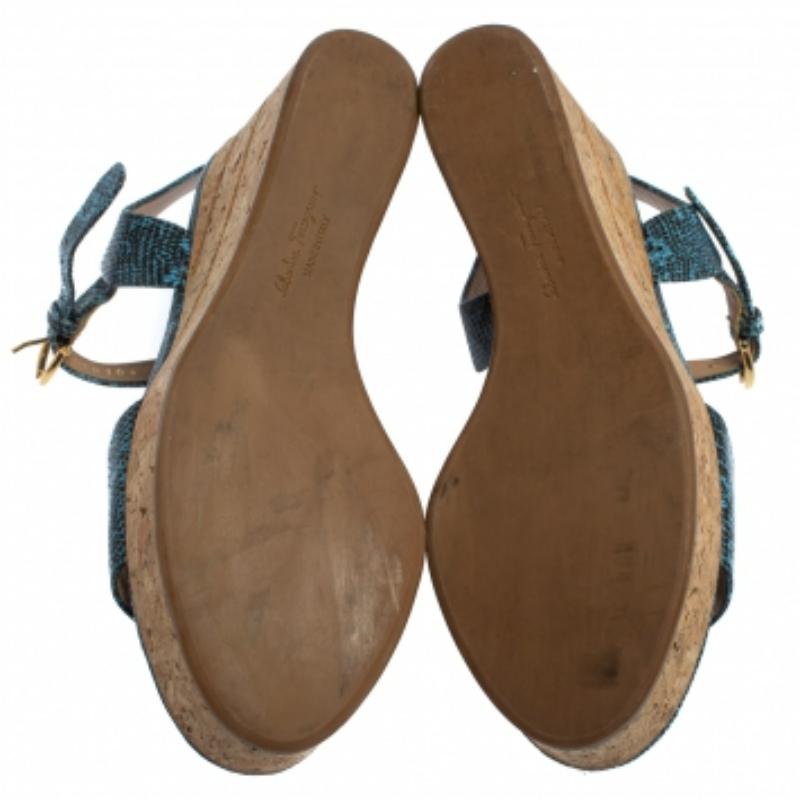 Salvatore Ferragamo Lizard Embossed Leather Madea Cork Wedge Sandals Size 35.5 For Sale 1