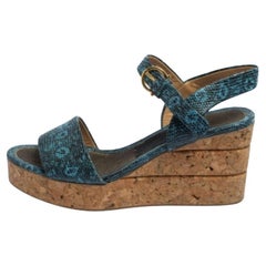 Salvatore Ferragamo Lizard Embossed Leather Madea Cork Wedge Sandals Size 35.5