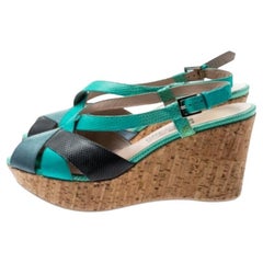 Salvatore Ferragamo Lizard Leather Cross Strap Cork Wedge Sandals Size 41