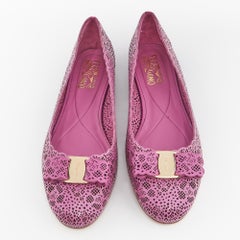 Salvatore Ferragamo Magenta Lasercut Leather Vara Bow Ballet Flats Size 40.5