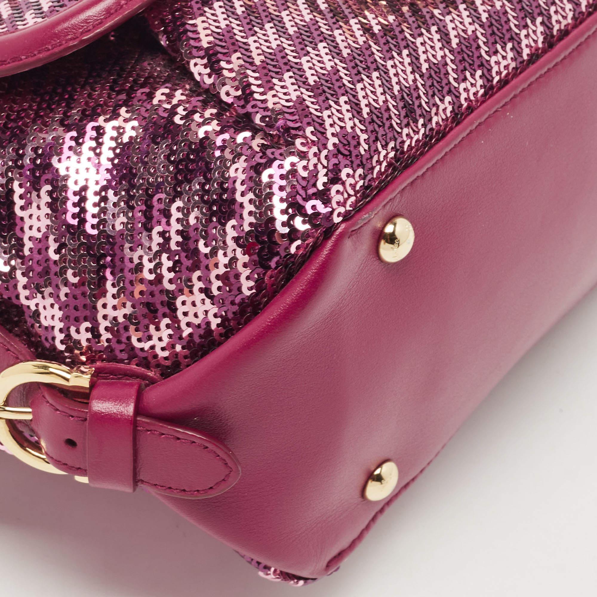 Salvatore Ferragamo Magenta Leather and Sequins Fiamma Satchel 8