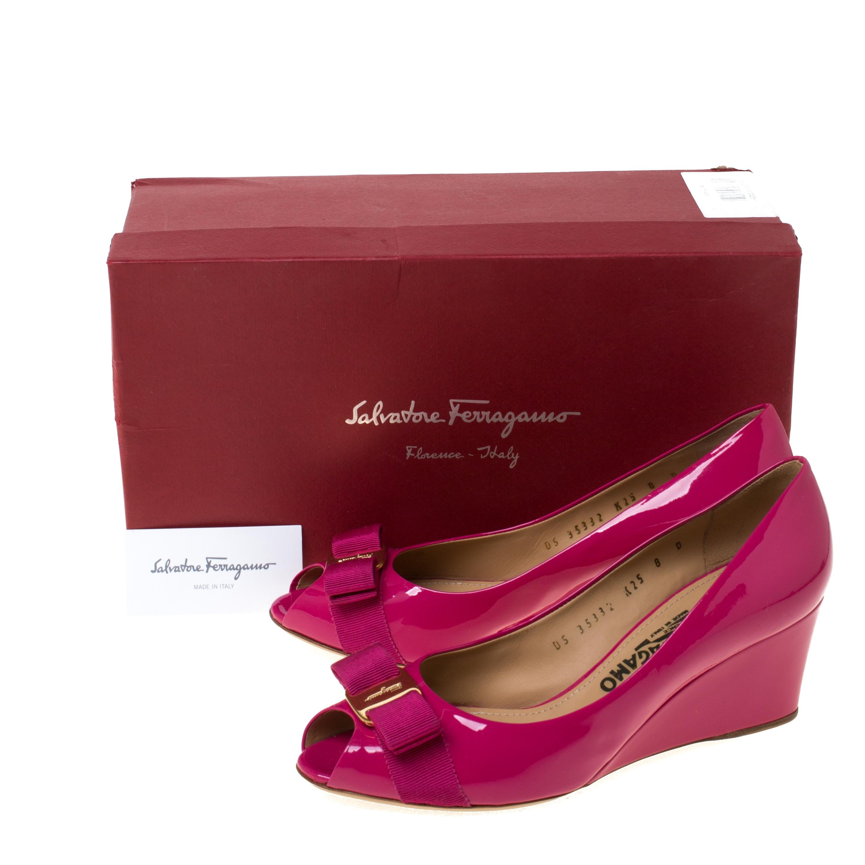 Salvatore Ferragamo Magenta Patent Leather Sissi Peep Toe Wedge Pumps Size 42 3