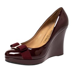 Salvatore Ferragamo Maroon Patent Vara Bow Wedge Pumps Size 40