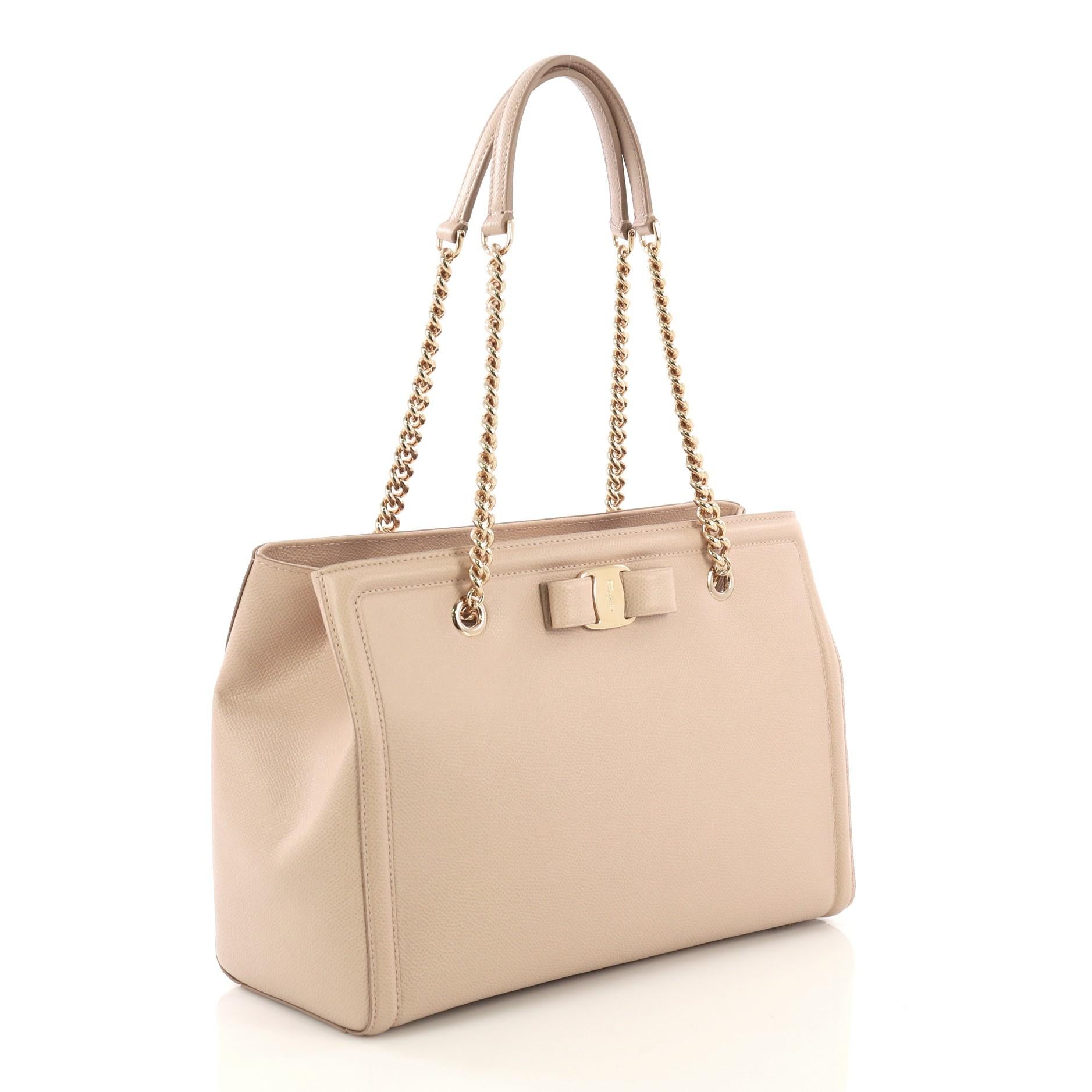 Beige Salvatore Ferragamo MeLike Vara Tote Saffiano Leather Medium