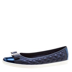 Salvatore Ferragamo Metallic Blue Quilted Leather Rufina Sneaker Ballet Flats Si