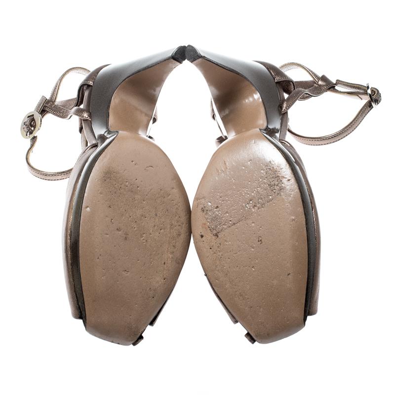 Gray Salvatore Ferragamo Metallic Bronze Leather Ankle Strap Sandals Size 37.5 For Sale