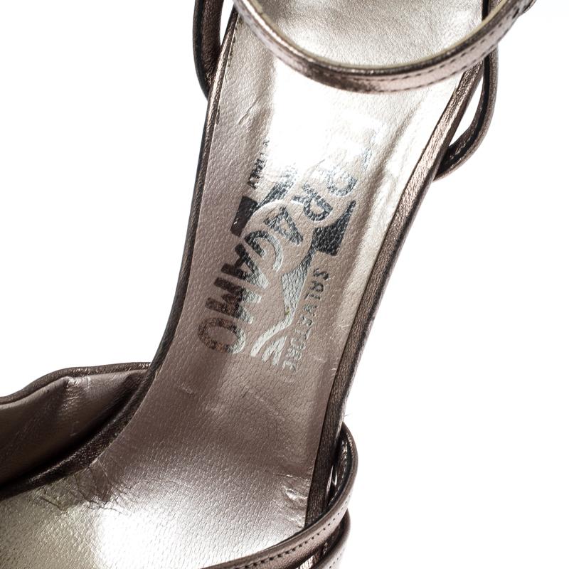 Women's Salvatore Ferragamo Metallic Bronze Leather Ankle Strap Sandals Size 37.5 For Sale