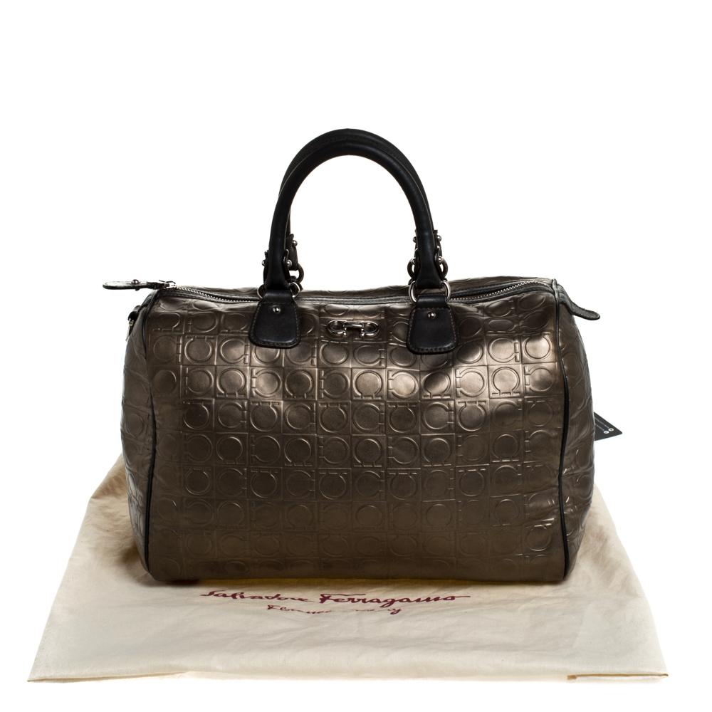 Salvatore Ferragamo Metallic Brown Gancini Embossed Leather Boston Bag 5
