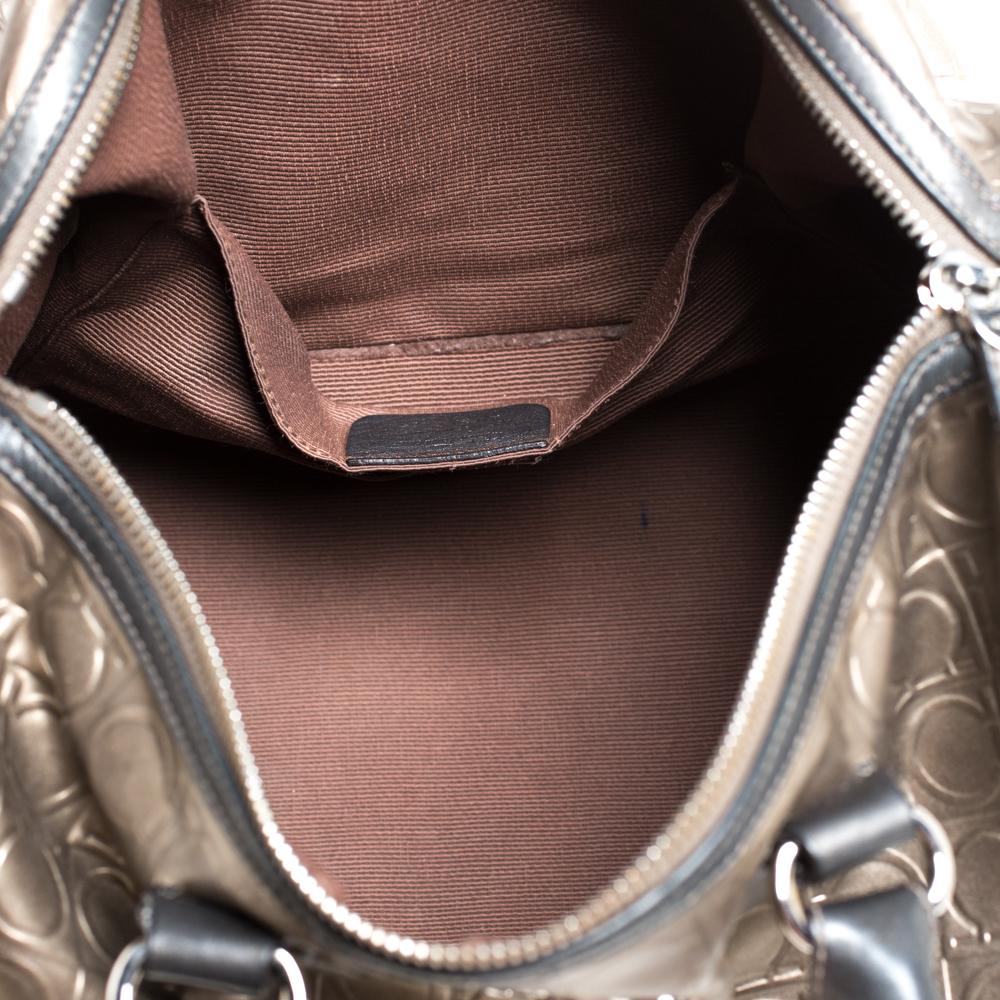Black Salvatore Ferragamo Metallic Brown Gancini Embossed Leather Boston Bag