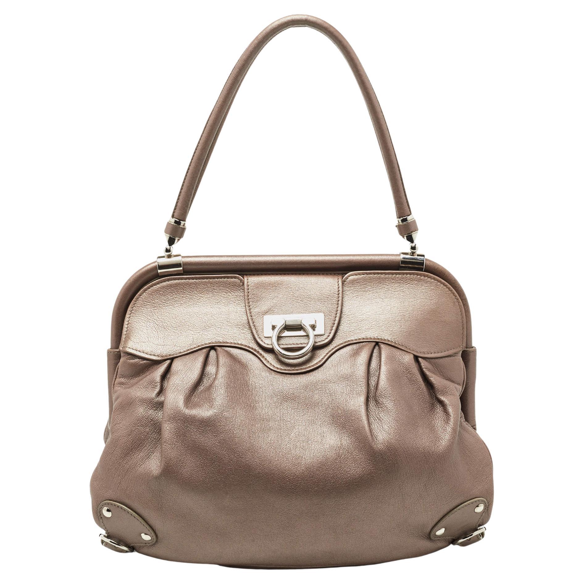 Salvatore Ferragamo Metallic Brown Leather Frame Satchel