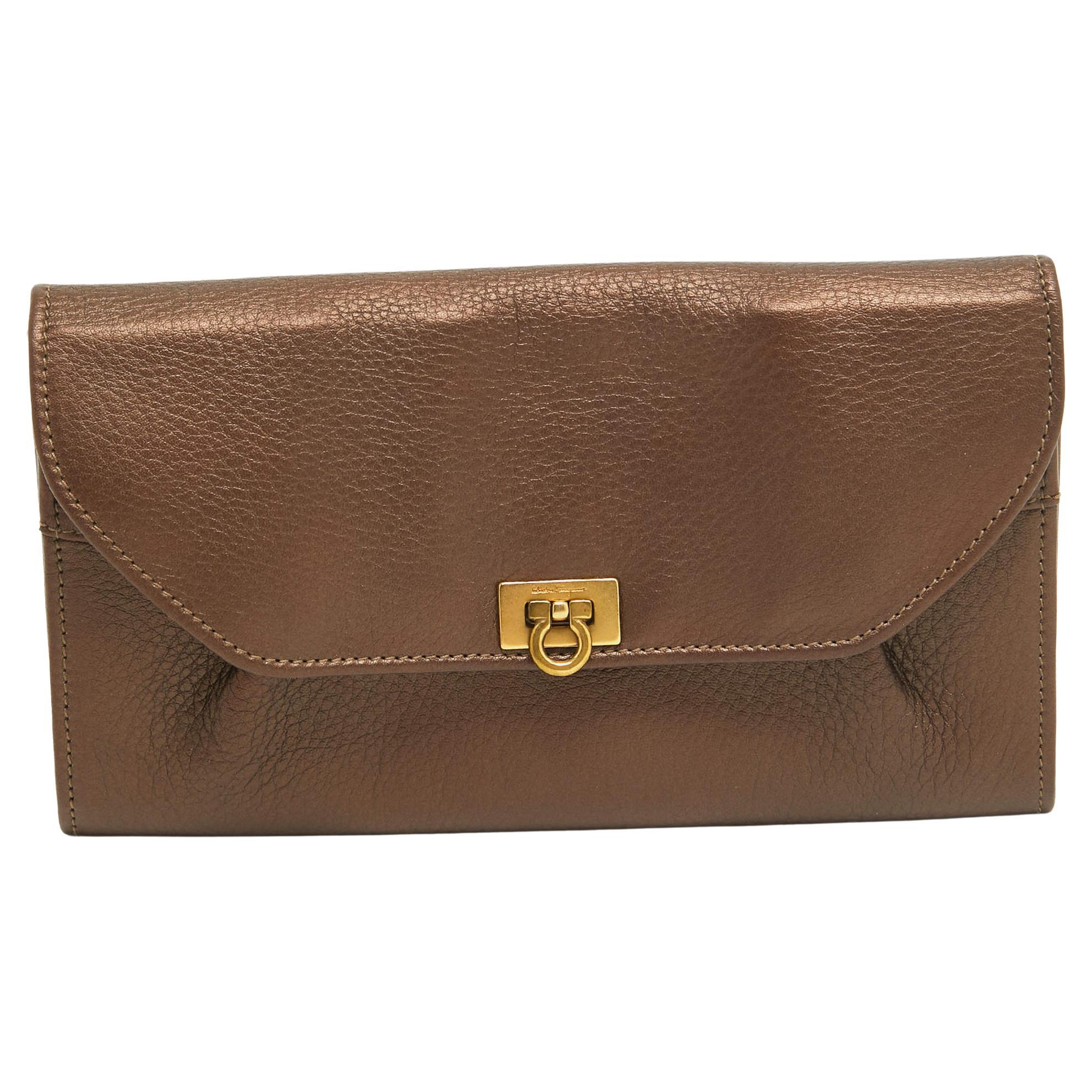 Salvatore Ferragamo Metallic Brown Leather Gancini Clasp Continental Wallet For Sale