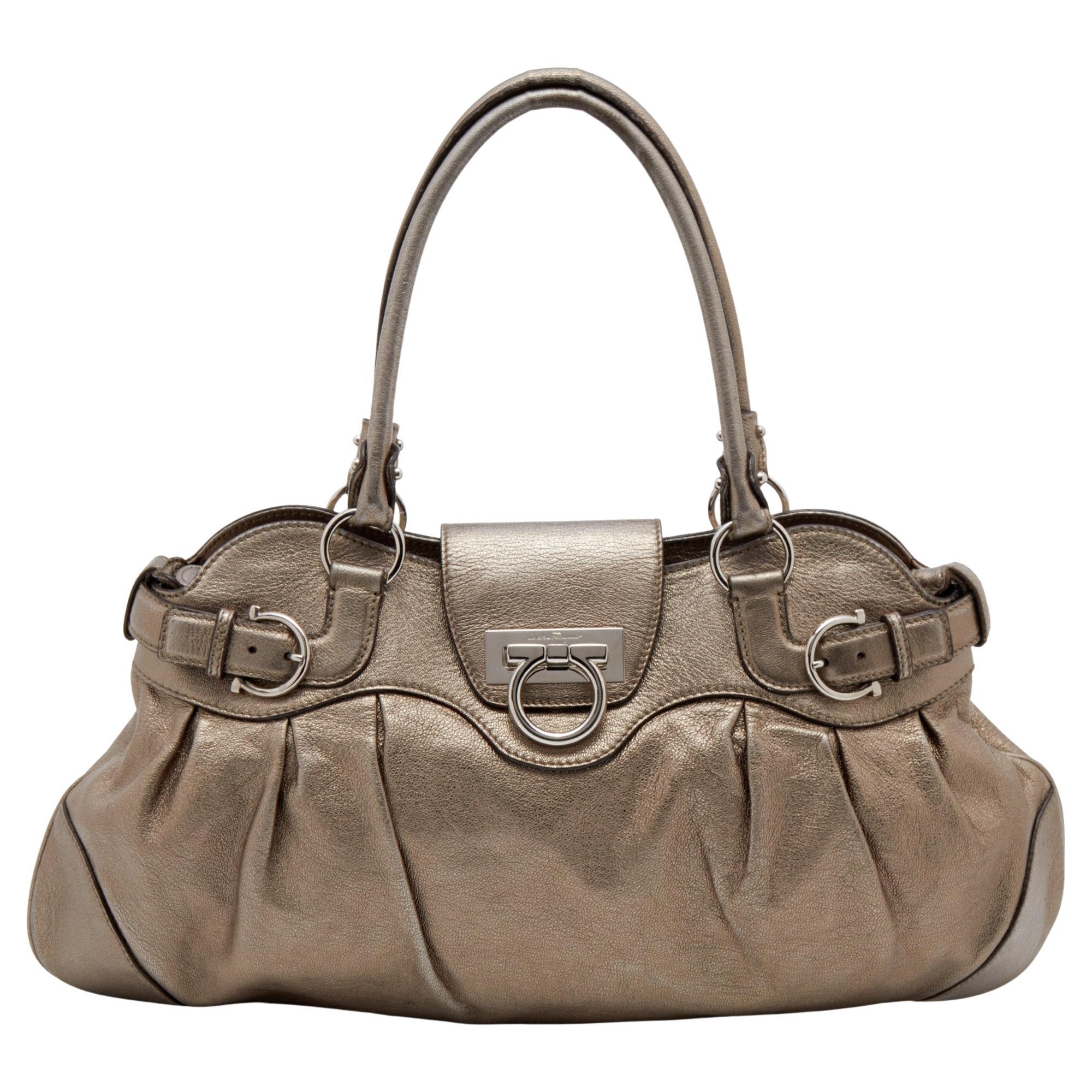 Salvatore Ferragamo Metallic Gold Leather Marisa Shoulder Bag For Sale