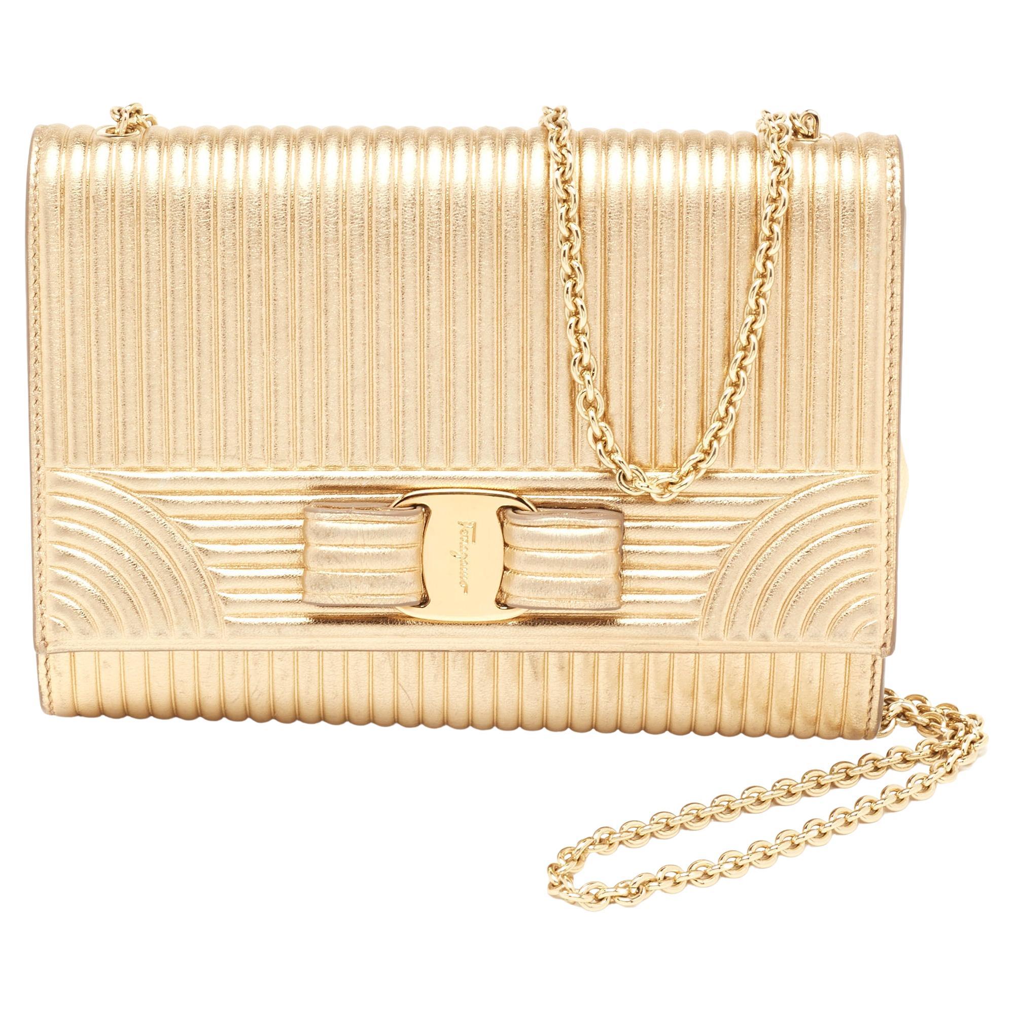 Salvatore Ferragamo Metallic Gold Leather Vara Bow Chain Clutch