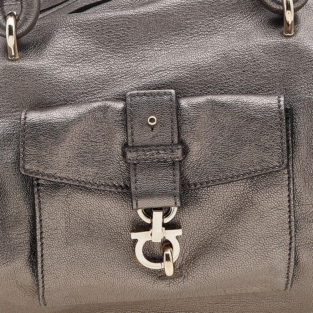 Salvatore Ferragamo Metallic Grey Leather Gancini Front Pocket Satchel For Sale 5