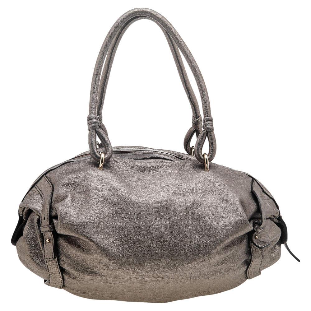 Women's Salvatore Ferragamo Metallic Grey Leather Gancini Front Pocket Satchel For Sale