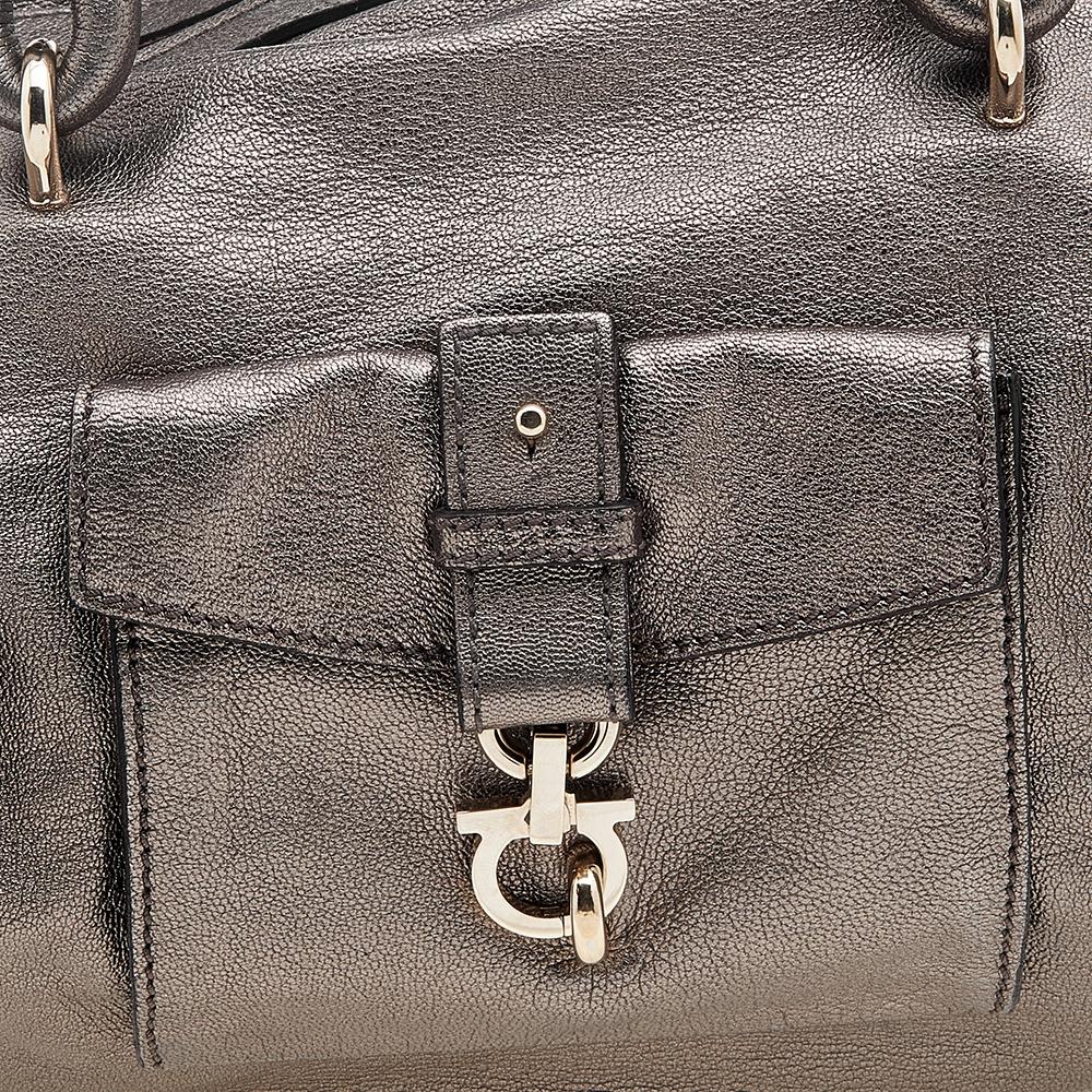 Salvatore Ferragamo Metallic Grey Leather Gancini Front Pocket Satchel For Sale 3
