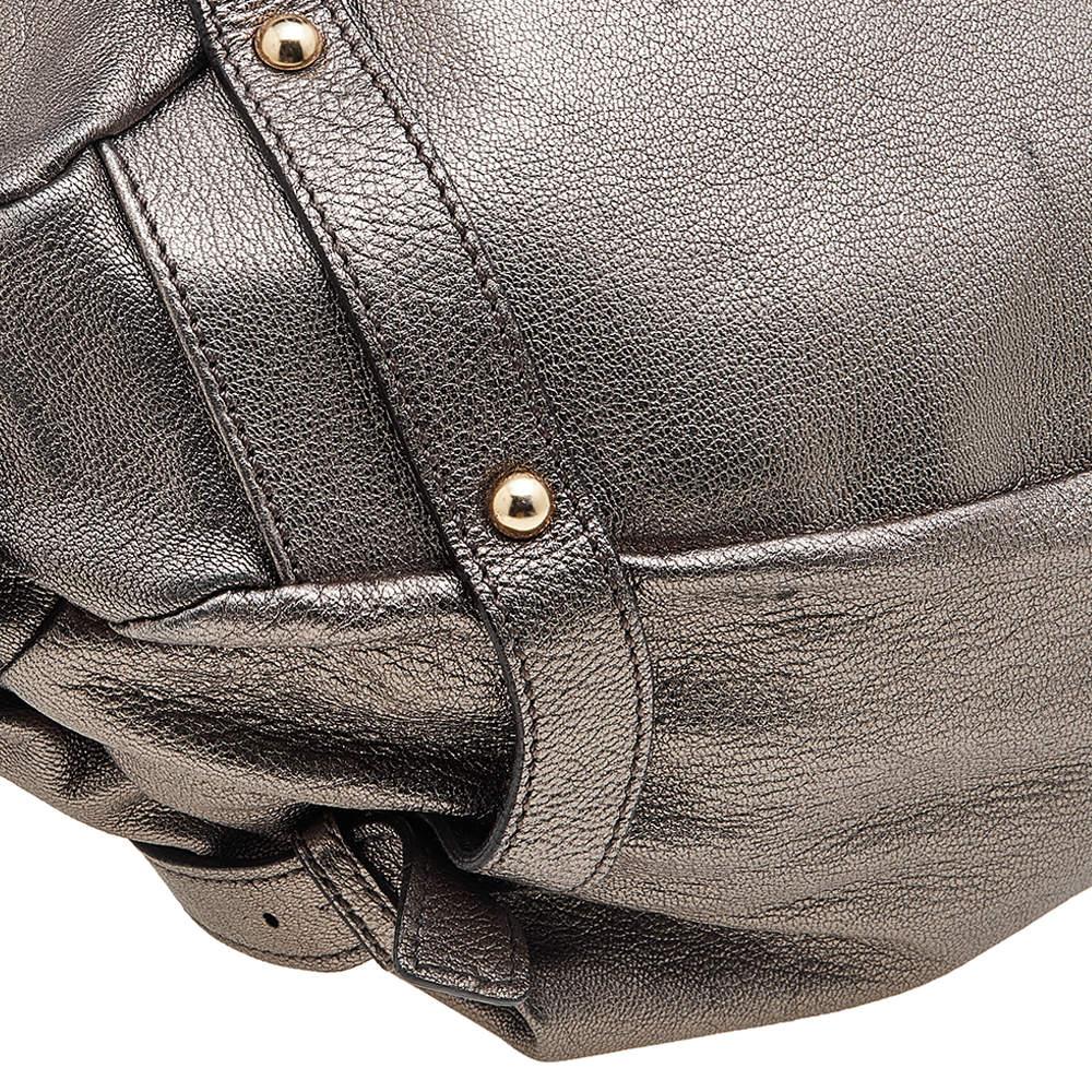 Salvatore Ferragamo Metallic Grey Leather Gancini Front Pocket Satchel For Sale 3
