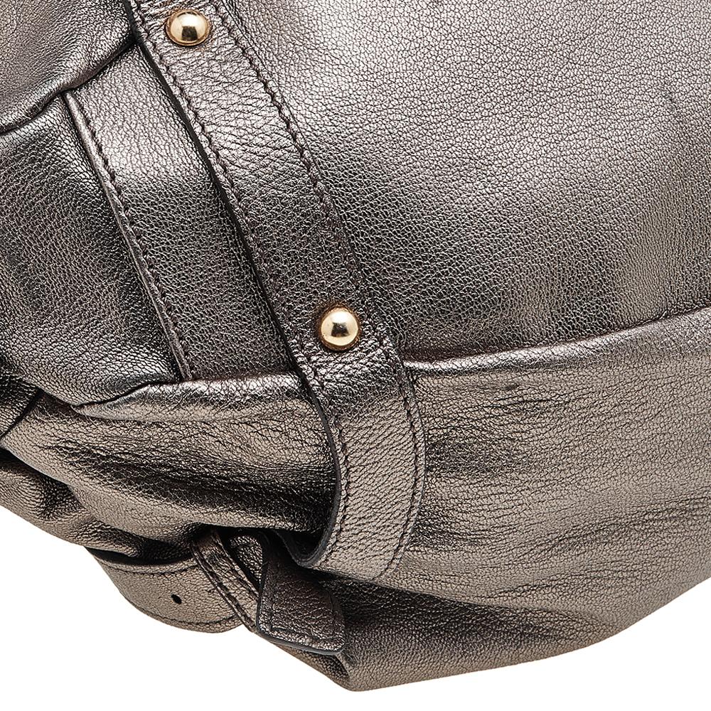 Salvatore Ferragamo Metallic Grey Leather Gancini Front Pocket Satchel For Sale 4