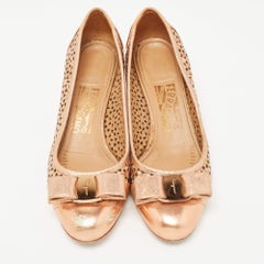 Salvatore Ferragamo Metallic Leather Laser Cut Vara Bow Pumps Size 36.5