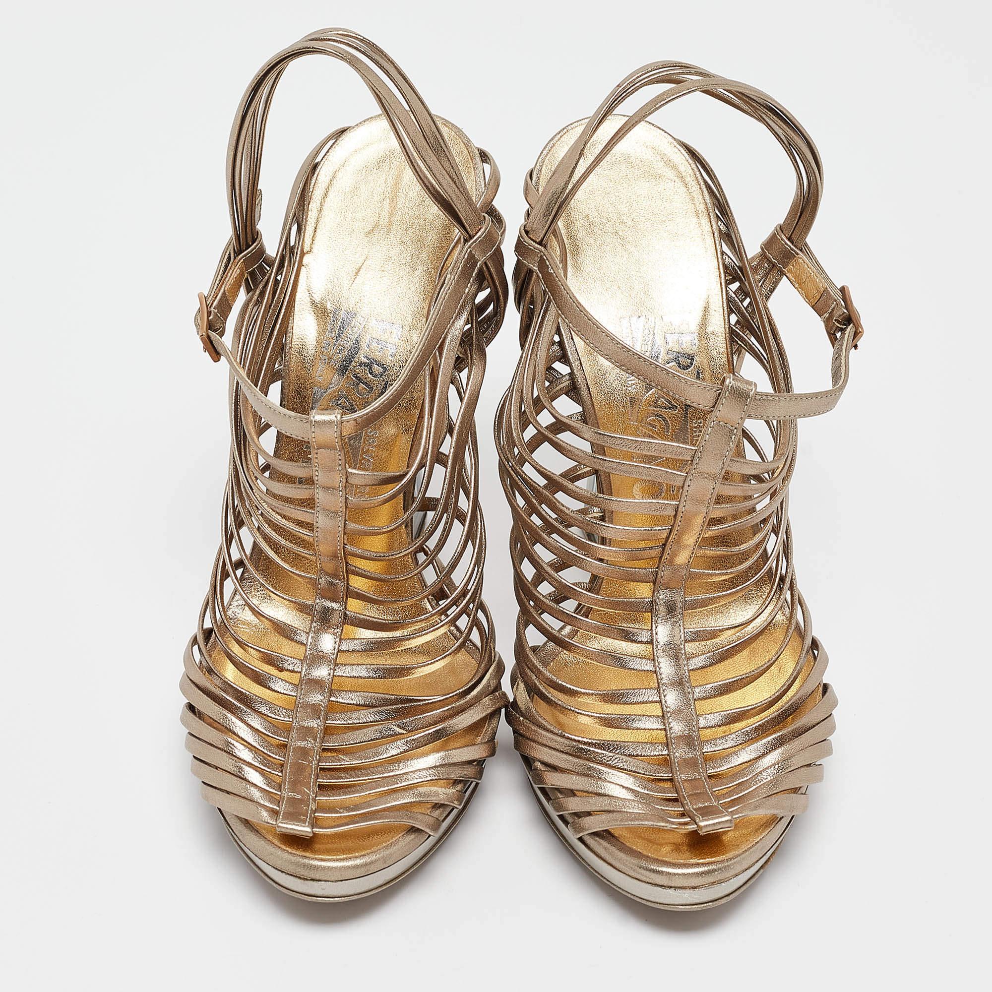 Brown Salvatore Ferragamo Metallic Leather Wedge Sandals Size 39.5 For Sale