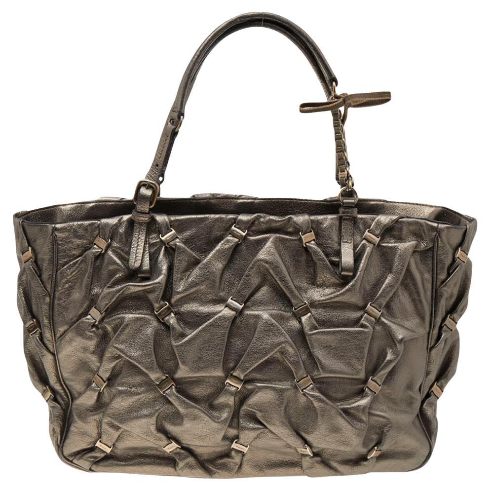 Salvatore Ferragamo Metallic Olive Leather Tote For Sale