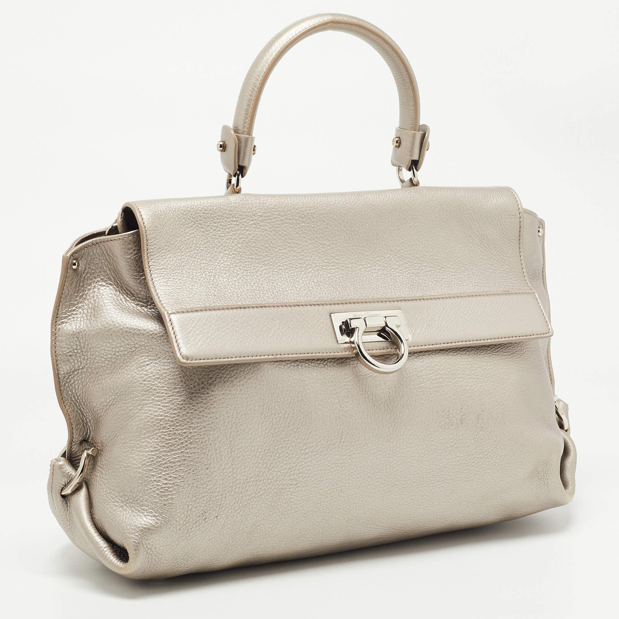 Salvatore Ferragamo Metallic Silver Leather Large Sofia Top Handle Bag In Good Condition In Dubai, Al Qouz 2