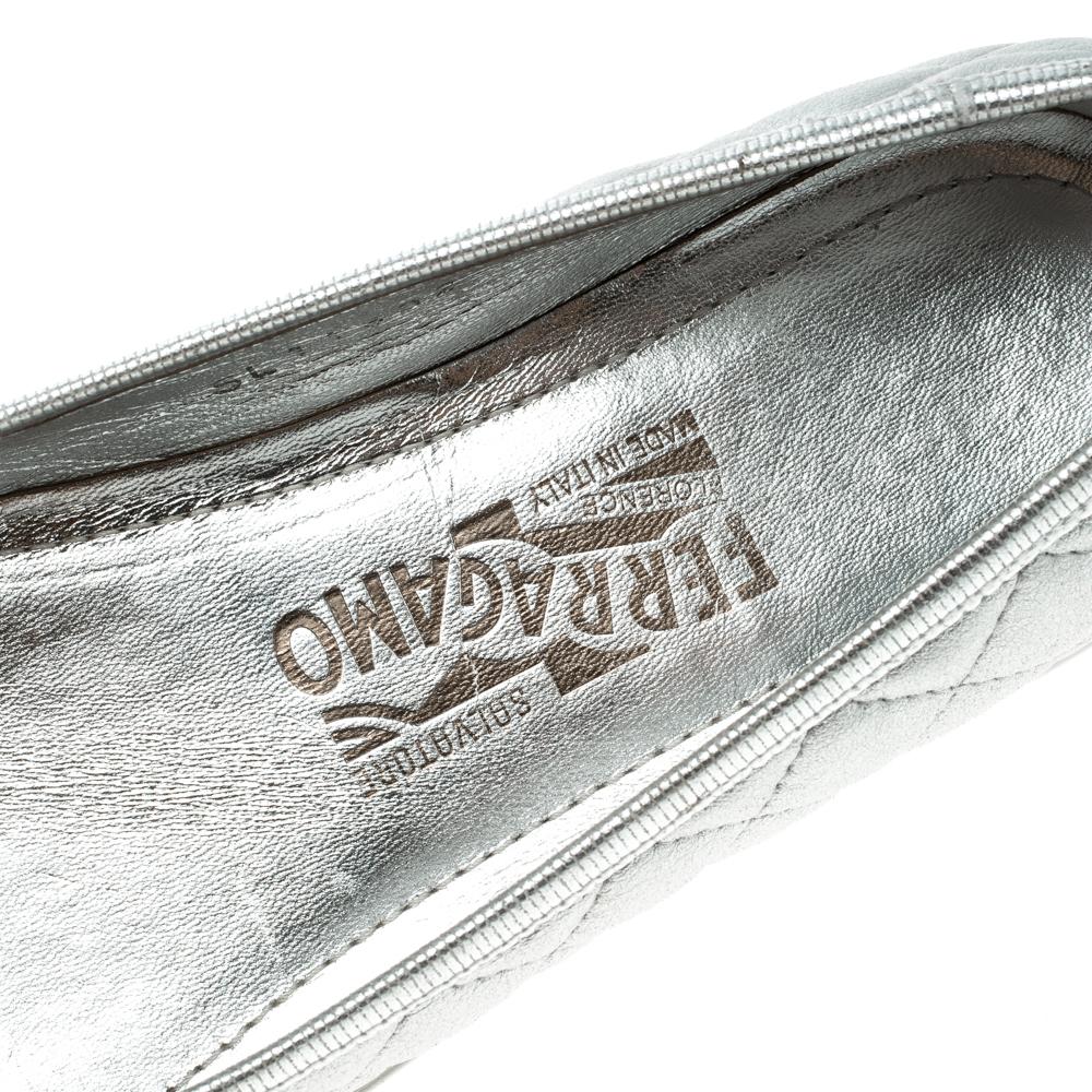 Salvatore Ferragamo Metallic Silver Quilted Leather Rufina Sneaker Ballet Flats  2