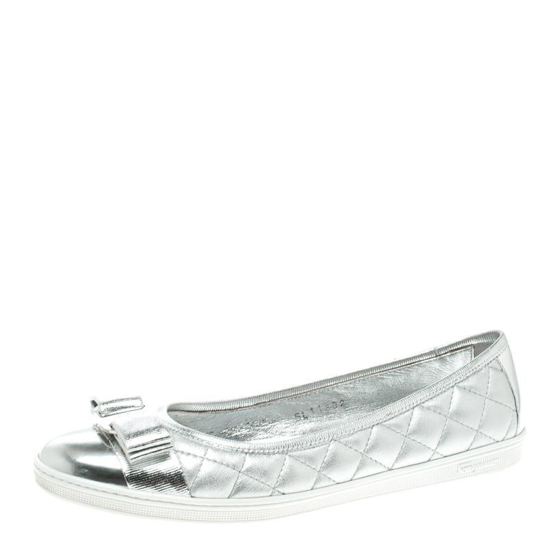 Salvatore Ferragamo Metallic Silver Quilted Leather Rufina Sneaker Ballet Flats 