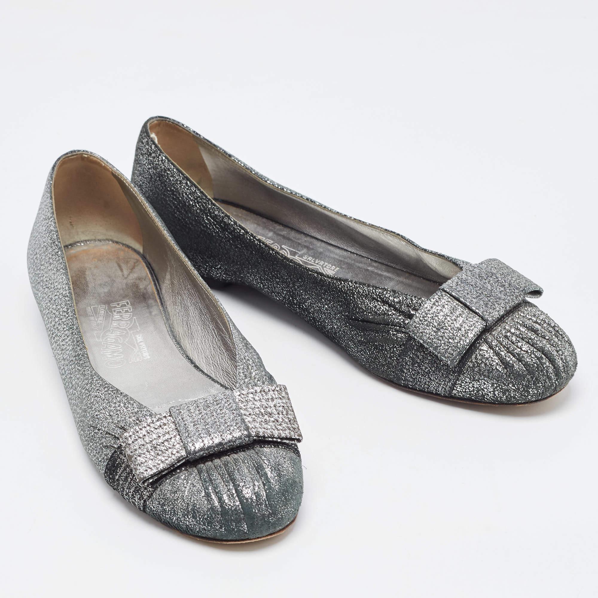 Salvatore Ferragamo Metallic Silver Suede Bow Ballet Flats Size 39.5 1