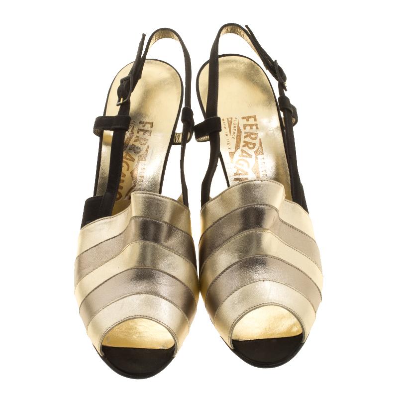 Beige Salvatore Ferragamo Metallic Striped Leather Peep Toe Sandals Size 38.5