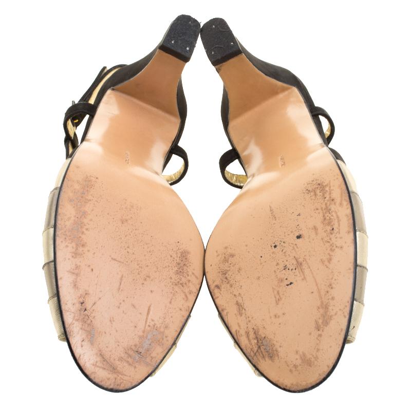 Salvatore Ferragamo Metallic Striped Leather Peep Toe Sandals Size 38.5 1