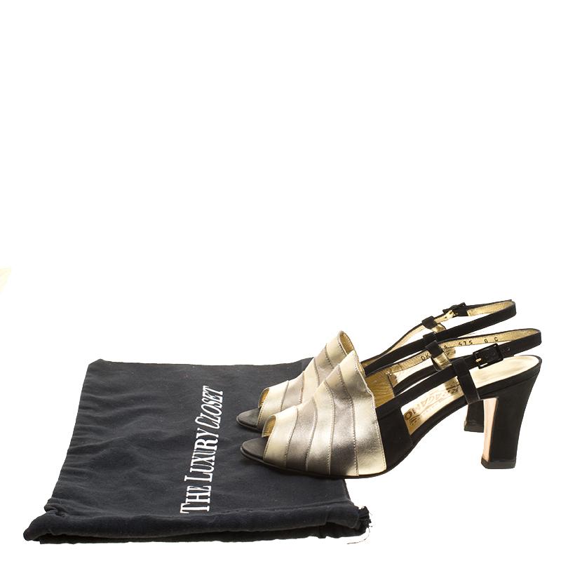Salvatore Ferragamo Metallic Striped Leather Peep Toe Sandals Size 38.5 4