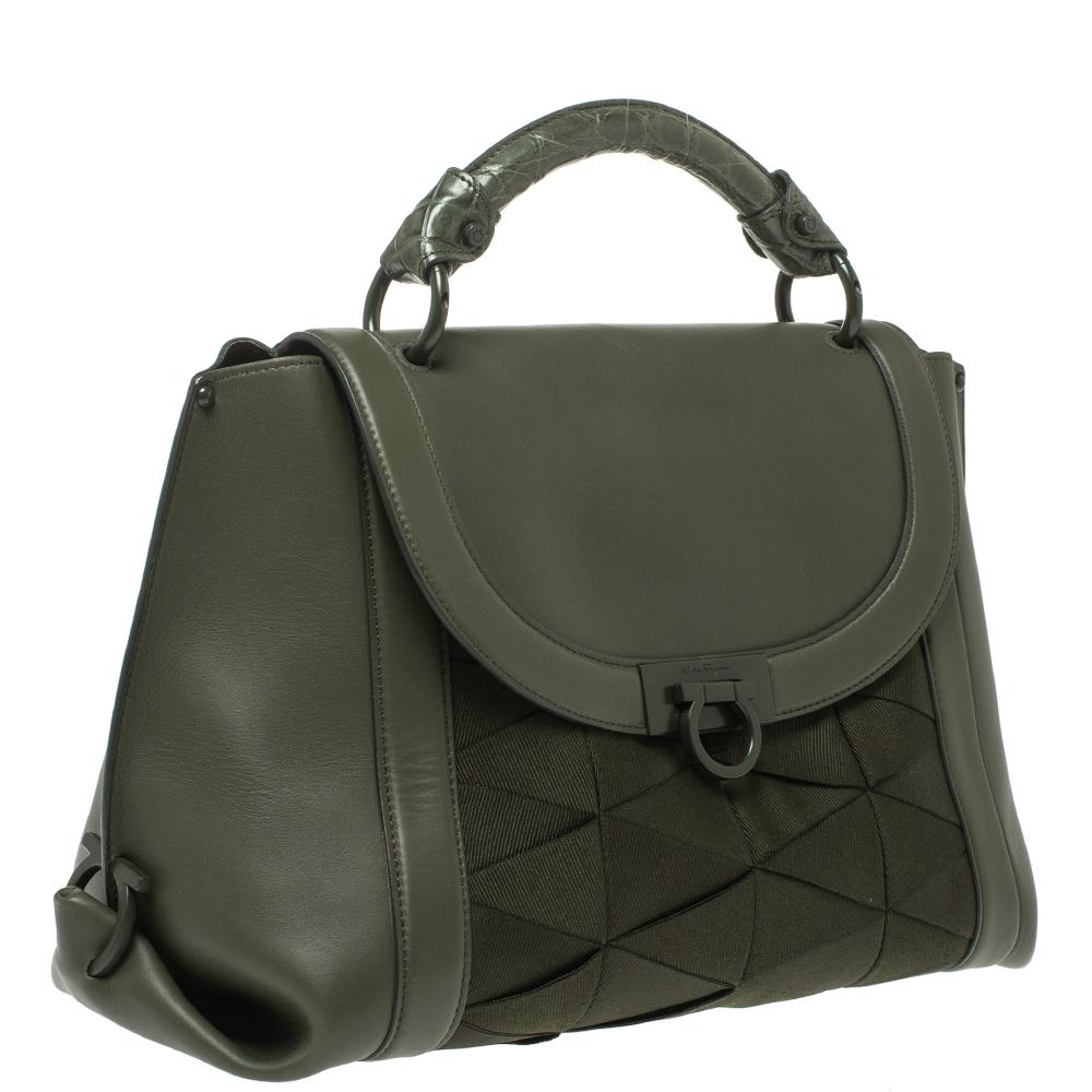 Salvatore Ferragamo Military Green Fabric and Leather Sofia Top Handle Bag In Good Condition In Dubai, Al Qouz 2