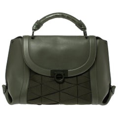 Salvatore Ferragamo Military Green Fabric and Leather Sofia Top Handle Bag